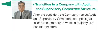 Transition to a Company with Audit and Supervisory Committee Structure / After the transition the Company has an Audit and Supervisory Committee comprising at least three directors of which a majority are outside directors.